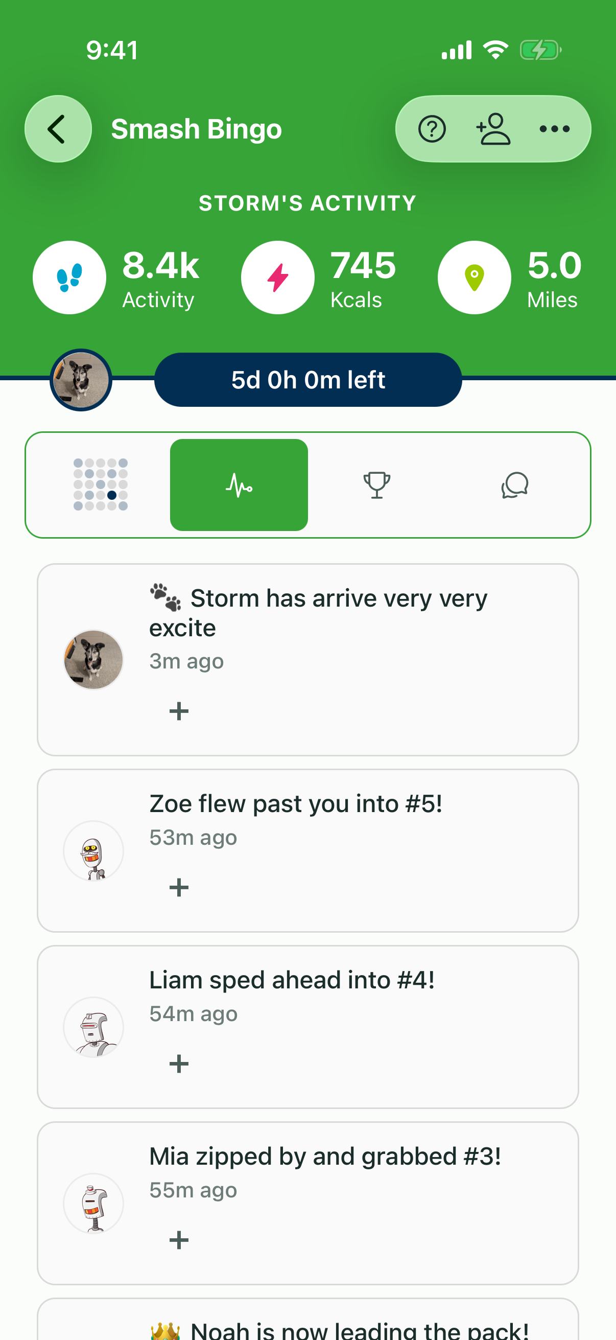 Smash Bingo activity feed showing a dog joining the game