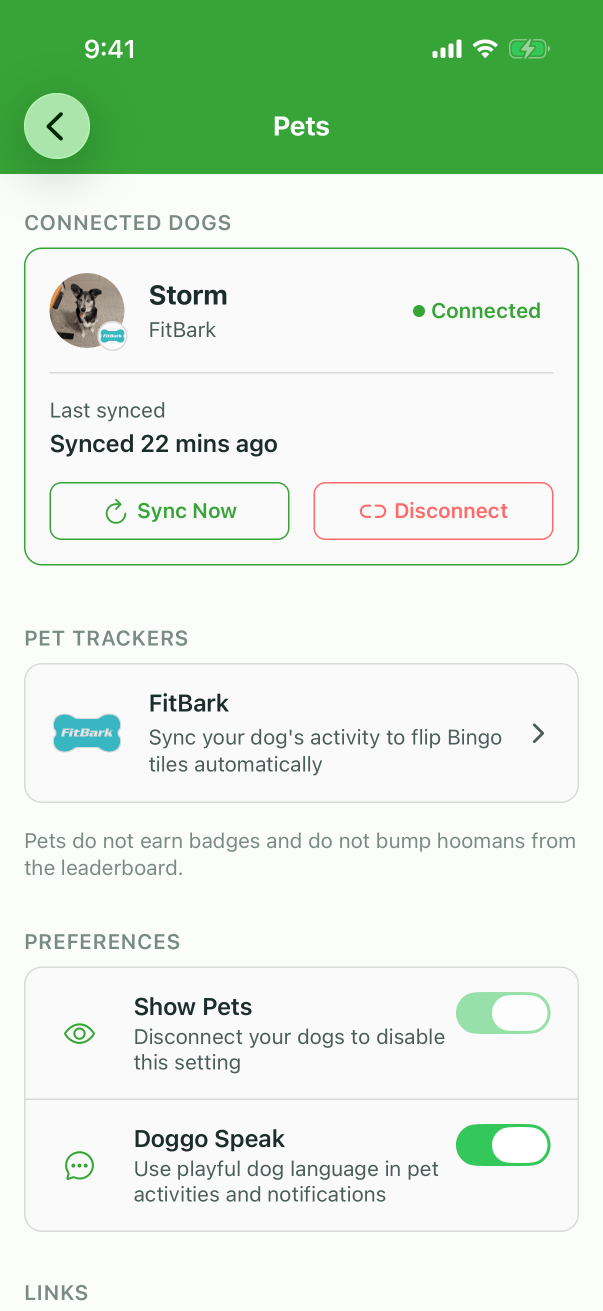 Pets settings screen showing Storm connected via FitBark with sync status