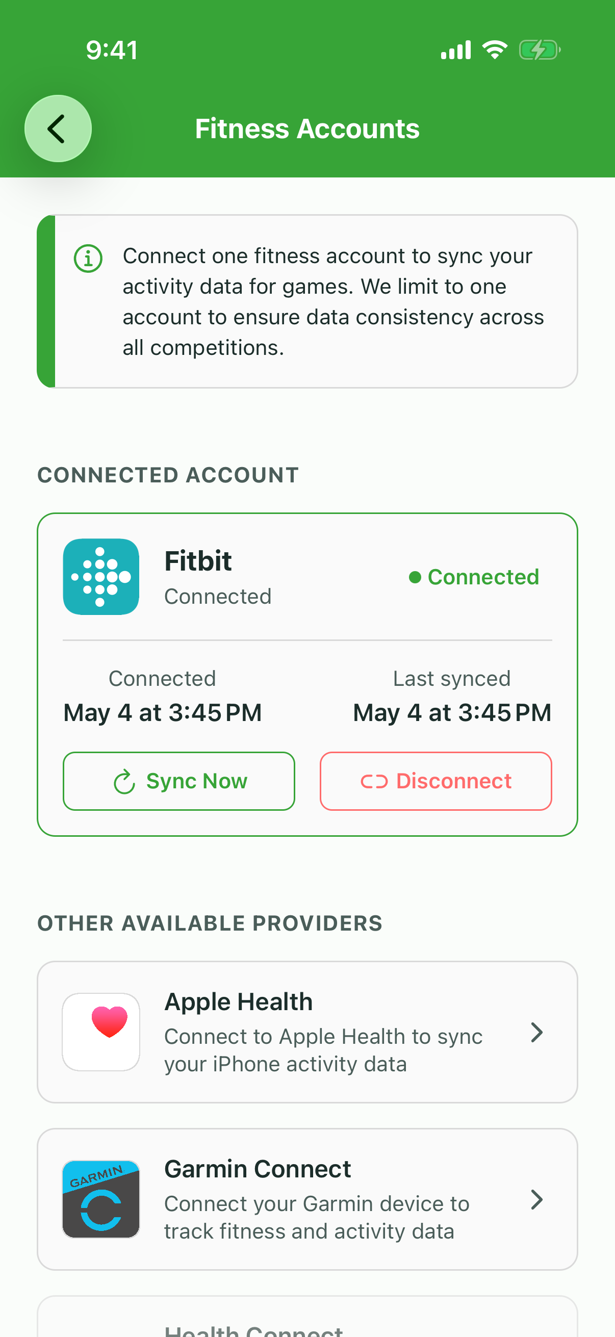 Fitness Accounts screen showing Fitbit connected and other available providers