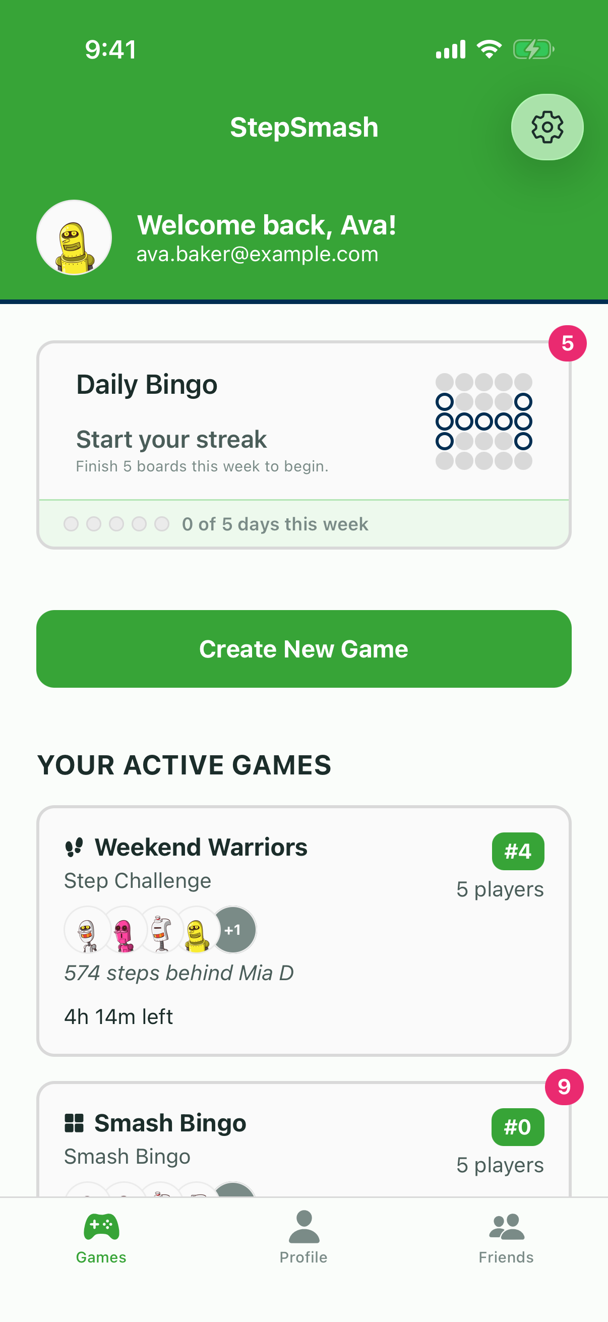 StepSmash home screen showing active games and Daily Bingo